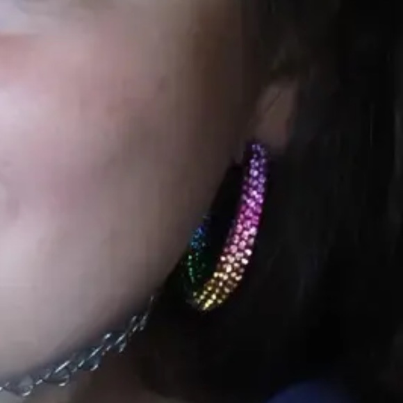 Rainbow Multi Color Rhinestone Hoop Bling Y2K, Retro, Disco, Pride Earrings - Picture 6 of 8
